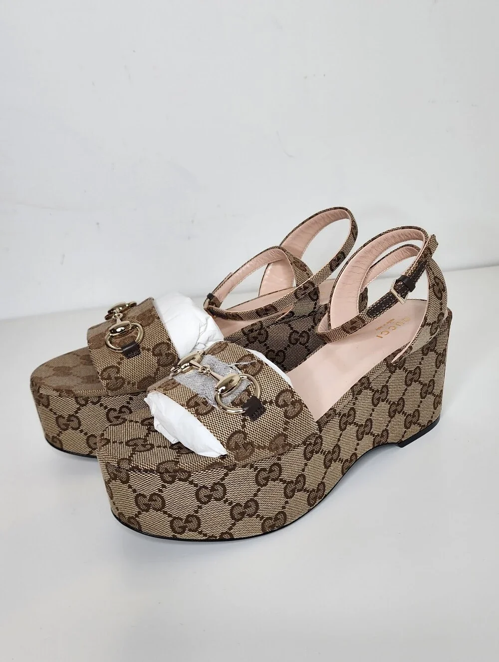 Gucci Lady Horsebit Tan Monogram Platform Wedges Sandals Size 36